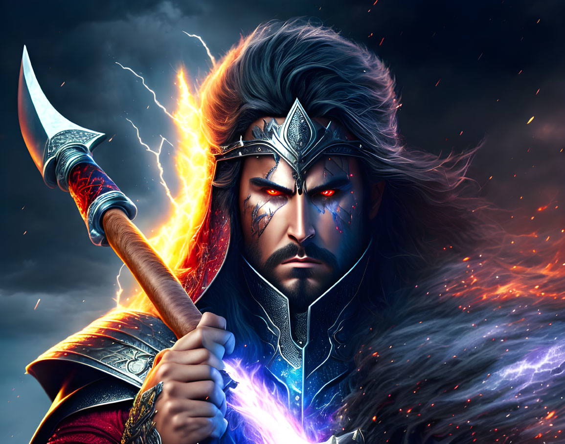 Fantasy warrior digital art with elaborate armor and spear in lightning backdrop