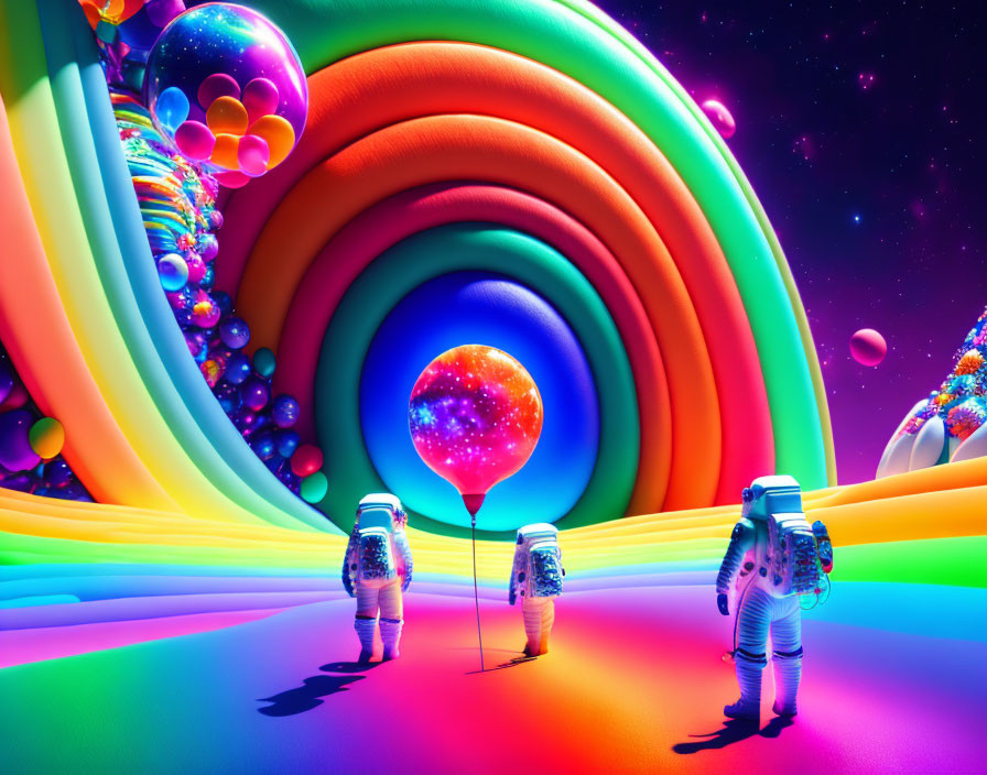 astronauts on a planet of candies and rainbows