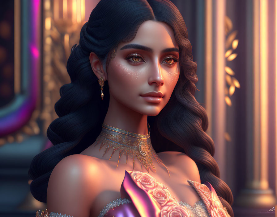 Digital Artwork: Woman with Dark Hair, Gold Jewelry, Pink Dress