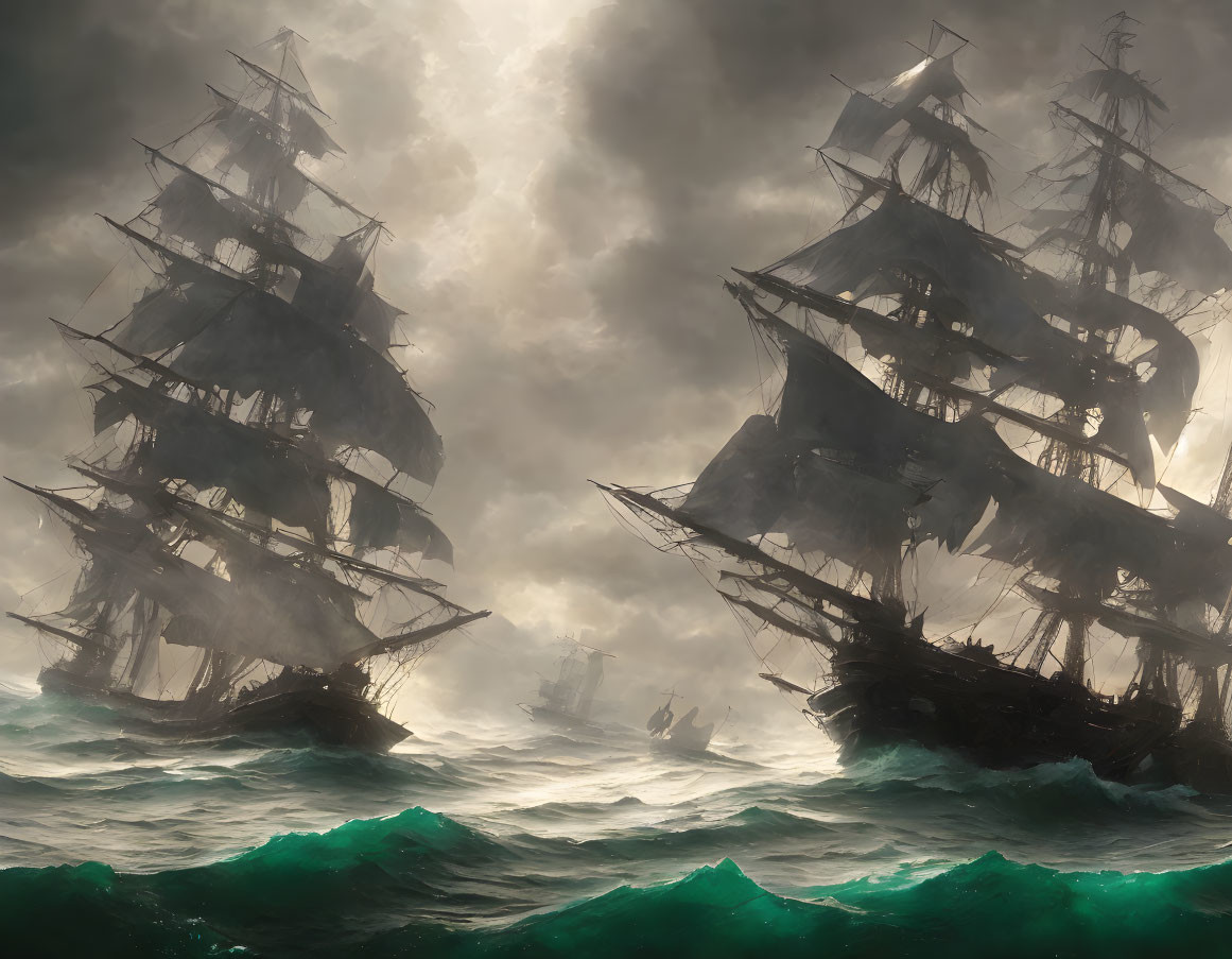 Tall Ships in Stormy Sea with Dark Clouds and Turbulent Waves