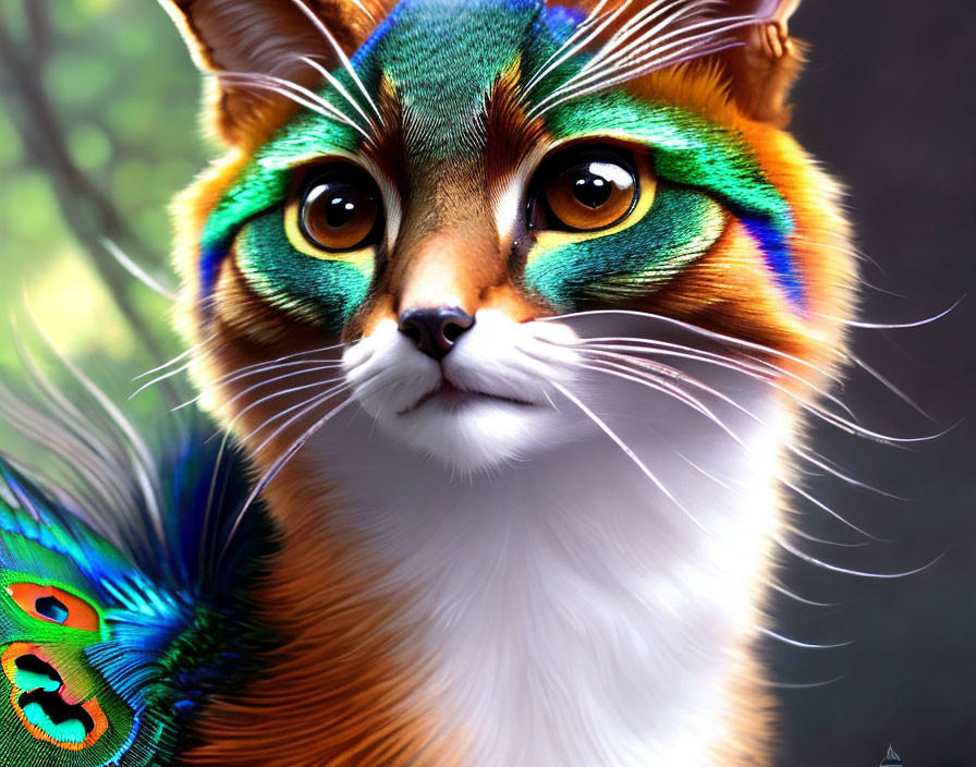 Colorful digital artwork of a cat with peacock-inspired markings and captivating eyes