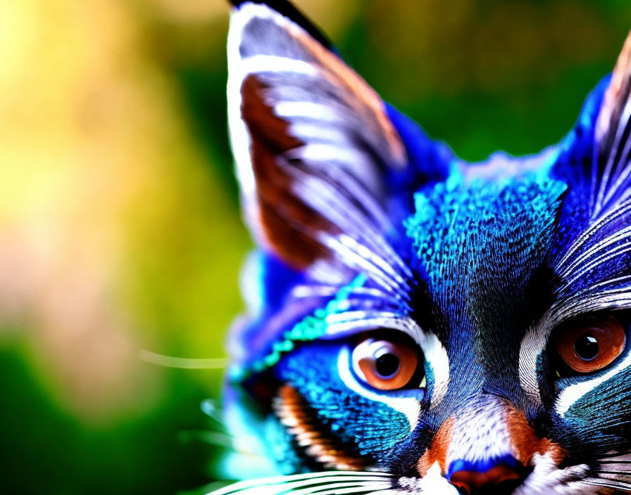 Colorful Cat Face with Blue Patterns and Orange Eyes on Green Background