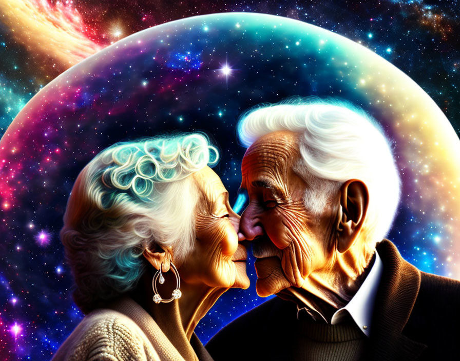 Elderly couple sharing tender moment under cosmic heart-shaped sky