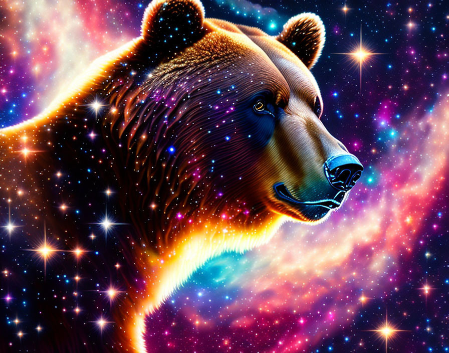 Colorful Cosmic Bear with Starry Galaxy Backdrop in Blue, Purple, and Orange