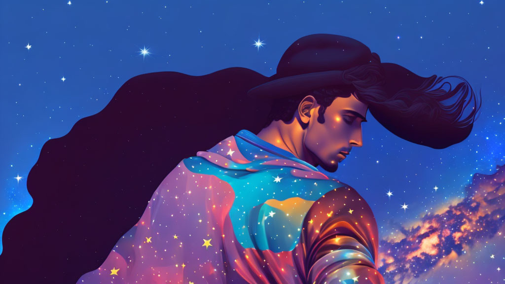 Man with cosmic-patterned cloak and hat under starry night sky