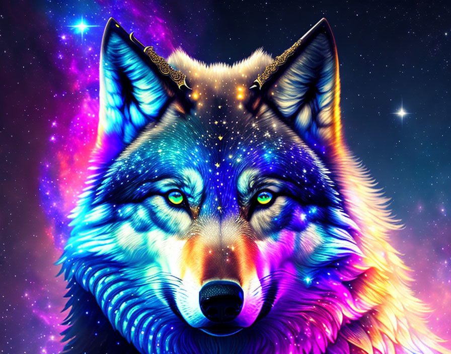 Colorful Cosmic Wolf in Starry Space Background