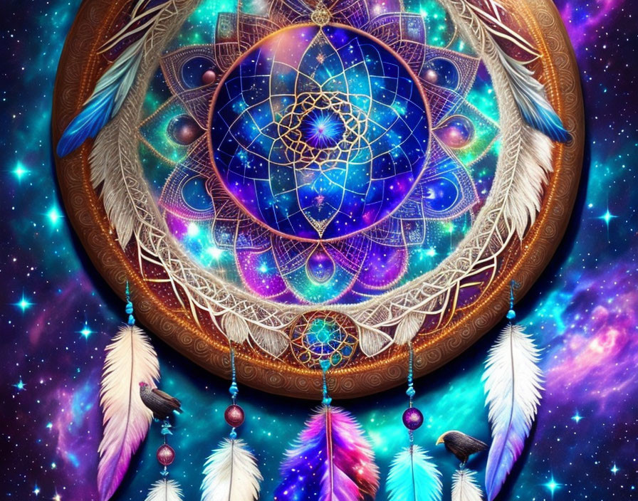 Colorful cosmic dreamcatcher with feathers and beads on starry galaxy background