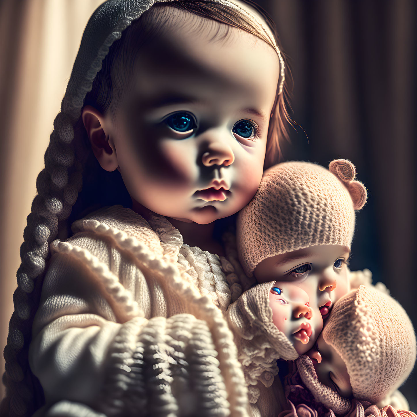 Child with braided hair holding doll in close-up portrait, soft light, dark background
