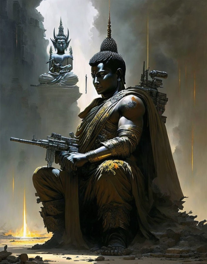 Illustration of meditative figure with golden accents and futuristic weapon in ruins.