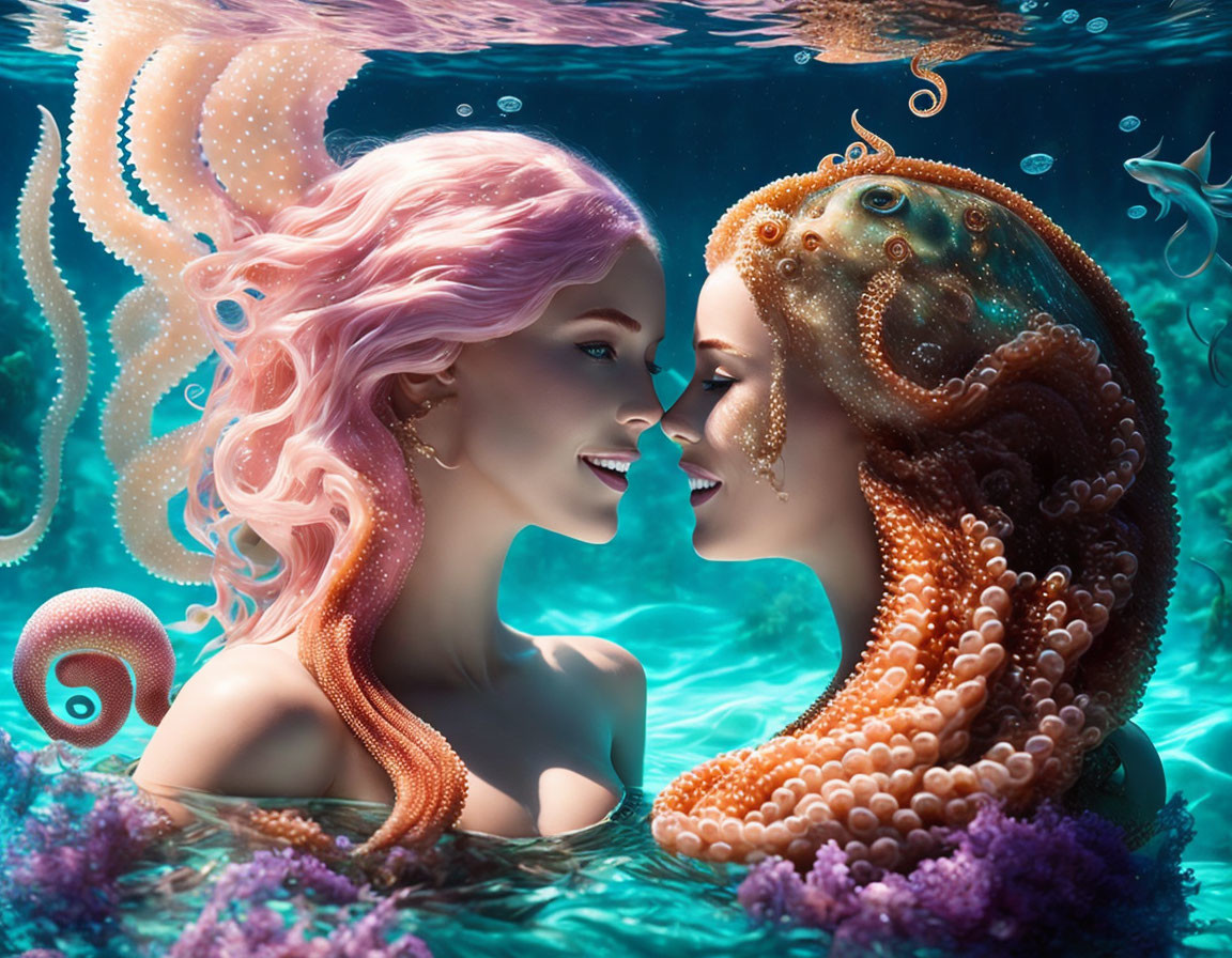 Mermaid with pink hair and human with octopus appearance in vibrant coral setting