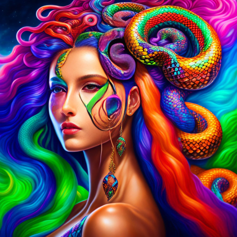 Colorful portrait of a woman with multicolored hair and snake - rich colors and mystical vibe
