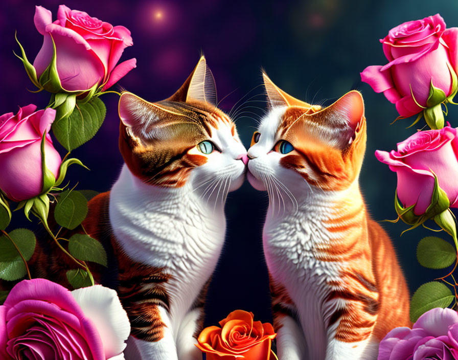 Ginger-and-White Cats Touch Noses in Pink Rose Garden
