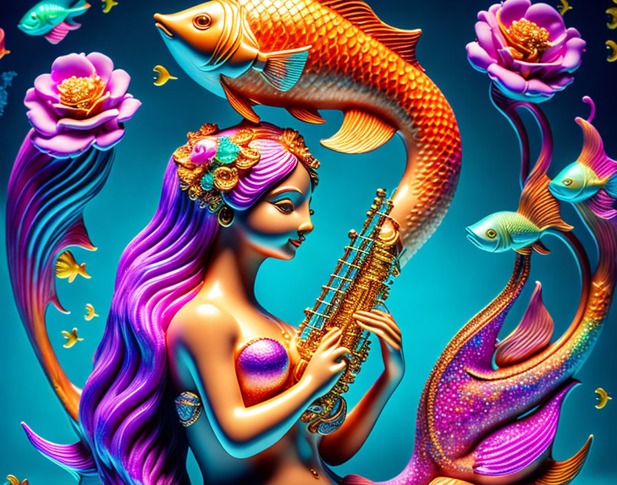 Colorful Mermaid Playing Woodwind Instrument Surrounded by Fish and Flowers