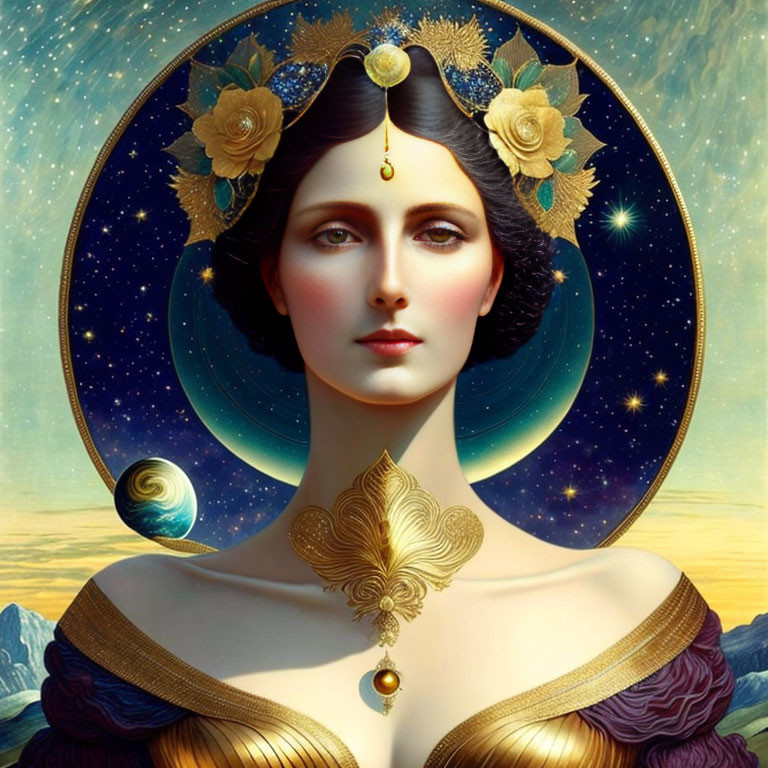 Cosmic-themed woman with butterfly necklace and golden floral adornments