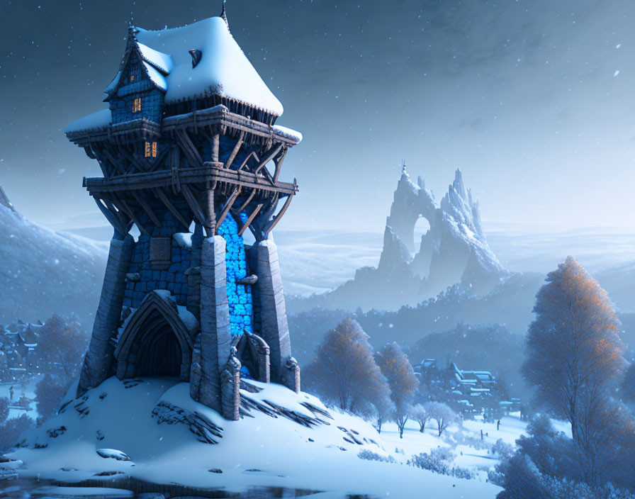 Snow-covered wooden tower in magical winter scene