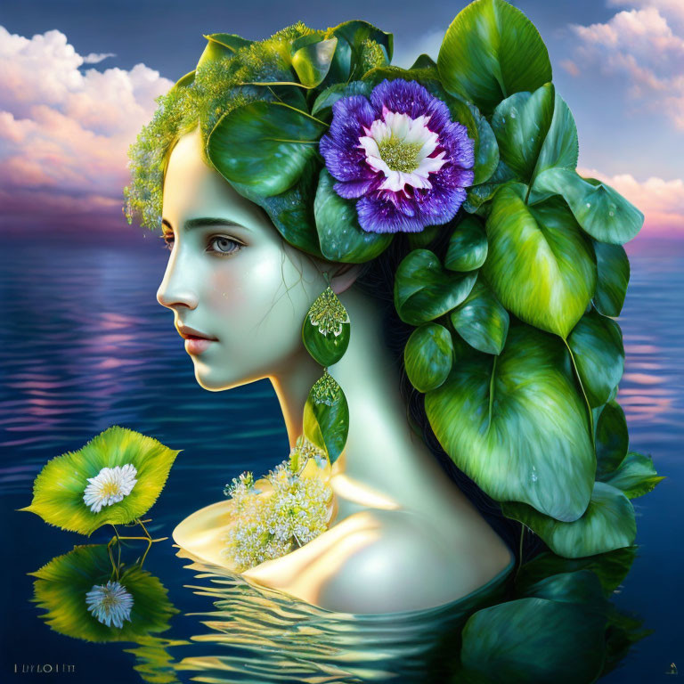 Surreal portrait of a woman with plant-like features and purple flower in tranquil water