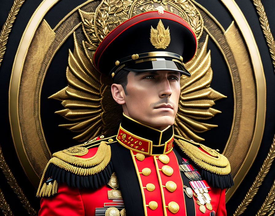 Man in ornate red & gold military uniform with medals on emblematic background