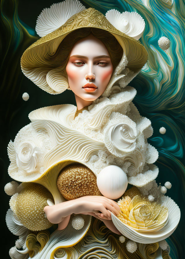 Elaborate cream hat and dress digital painting with floral and spherical textures