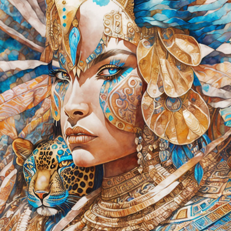 Woman with Tribal Face Paint and Jaguar in Ornate Golden and Blue Patterns