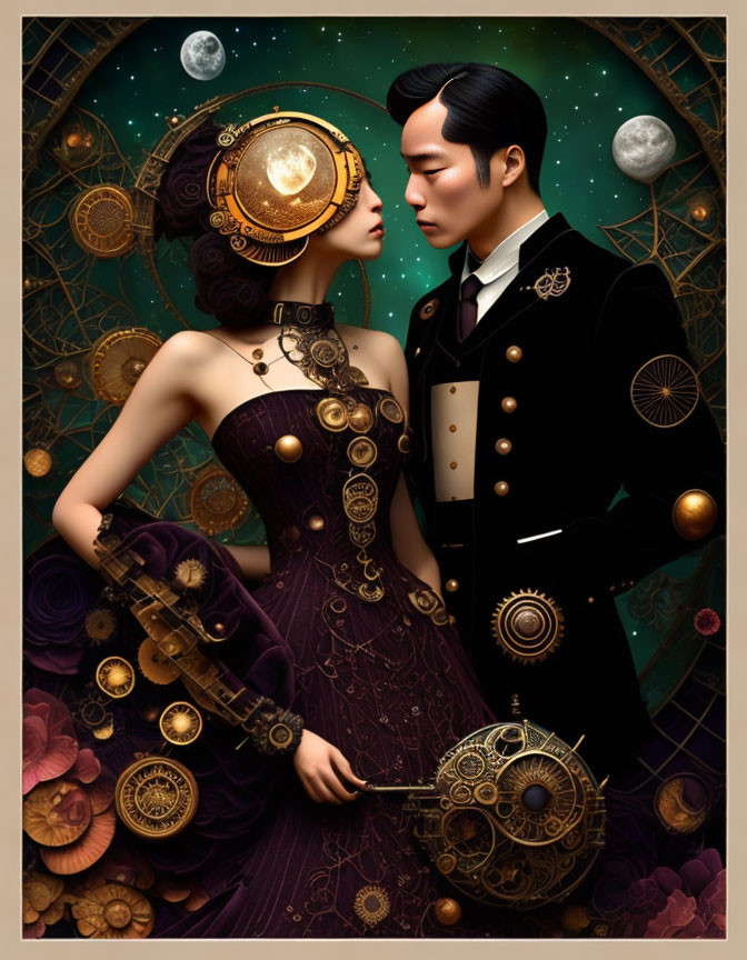 Steampunk-inspired couple in cosmic setting with cogwheel accessories