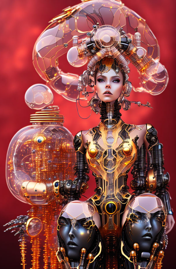 Futuristic female android with cybernetic enhancements on red background.