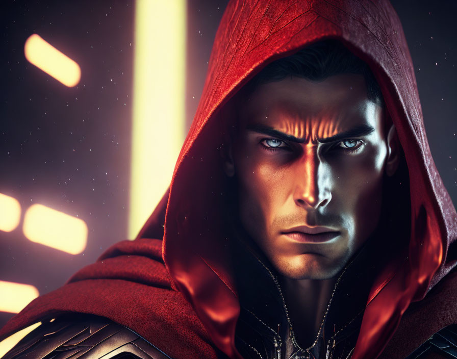 Male figure with blue eyes in red hood, serious expression, golden light background