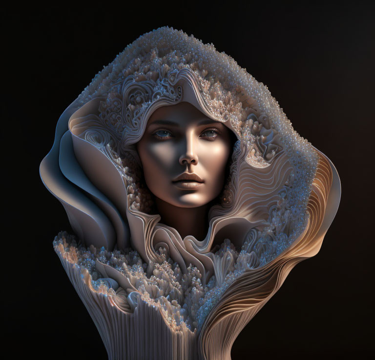 3D digital artwork: Woman's face in fractal flower structure
