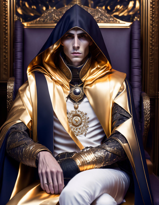Regal figure in gold-trimmed cloak and ornate armor on throne
