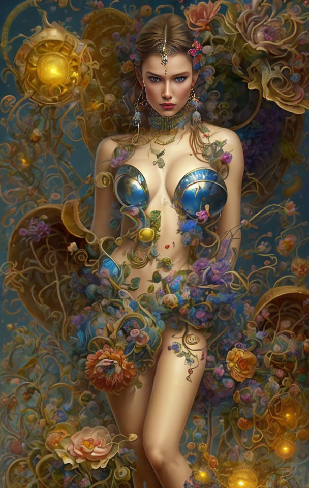 Fantastical female figure with jewelry and metallic body accents in ornate setting