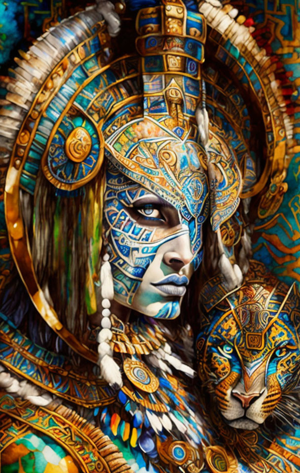 Colorful Artwork of Person with Ornate Headdress and Jaguar Motifs
