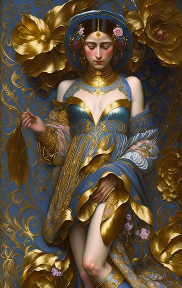 Elegant woman in blue and gold ornate dress with golden flowers.