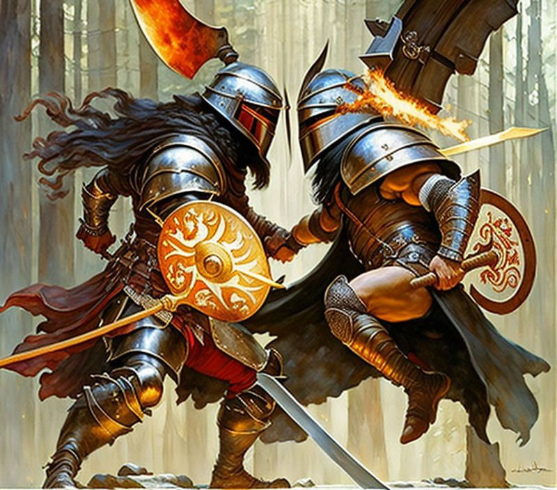 Armored warriors in fierce sword battle amid fiery backdrop