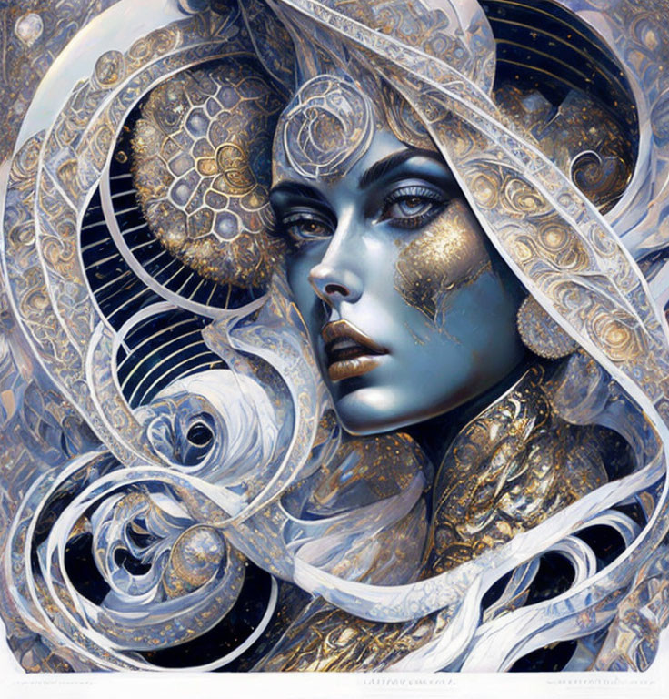 Intricate blue and gold designs on woman with swirling patterns & ornate headdress