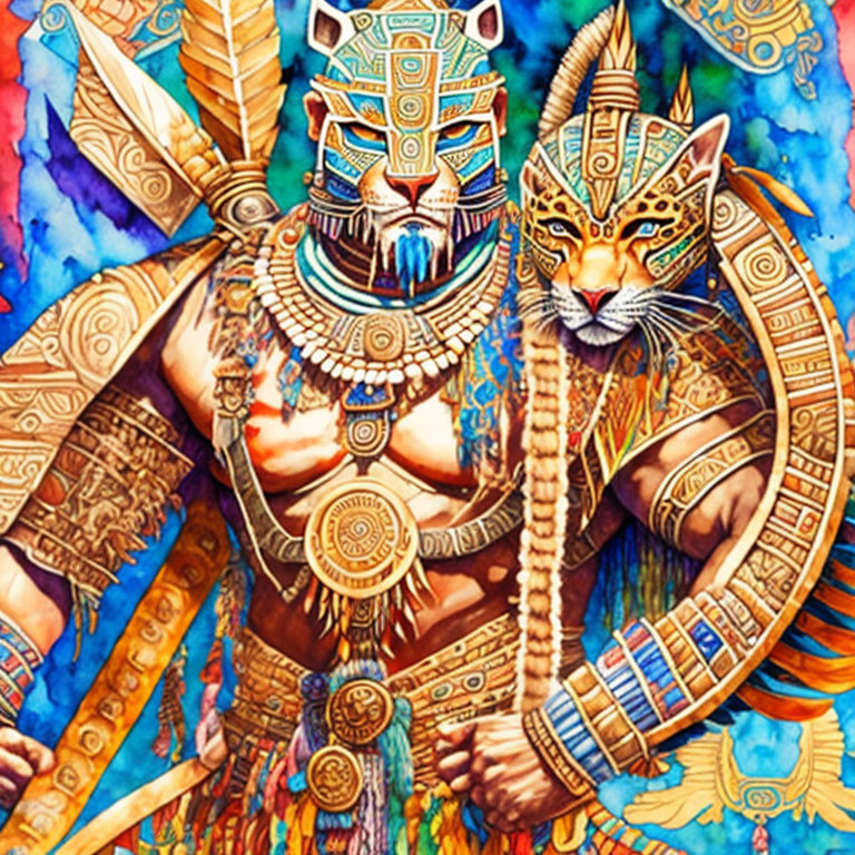 Colorful Warrior Artwork with Feline Theme and Symbolic Elements