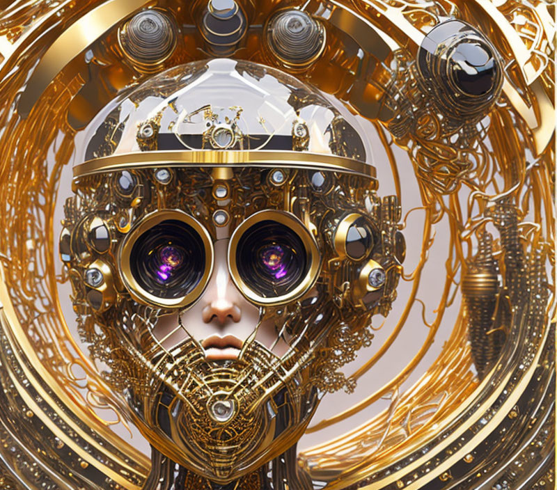 Detailed steampunk-style robot with human face, golden gears, and circular goggles