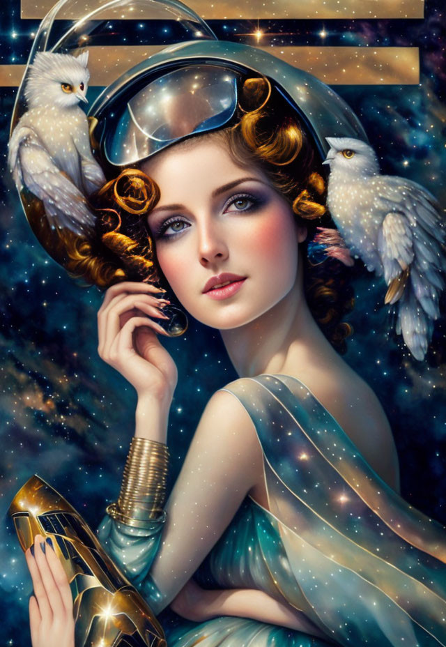 Woman with vintage pilot goggles and white owls in starry scene.