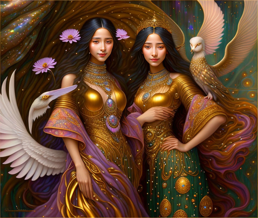 Two women in golden outfits with flowers in their hair, accompanied by an owl and a bird, against