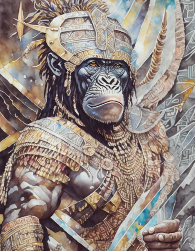 Anthropomorphic ape warrior in ornate armor with spear against ancient temple.