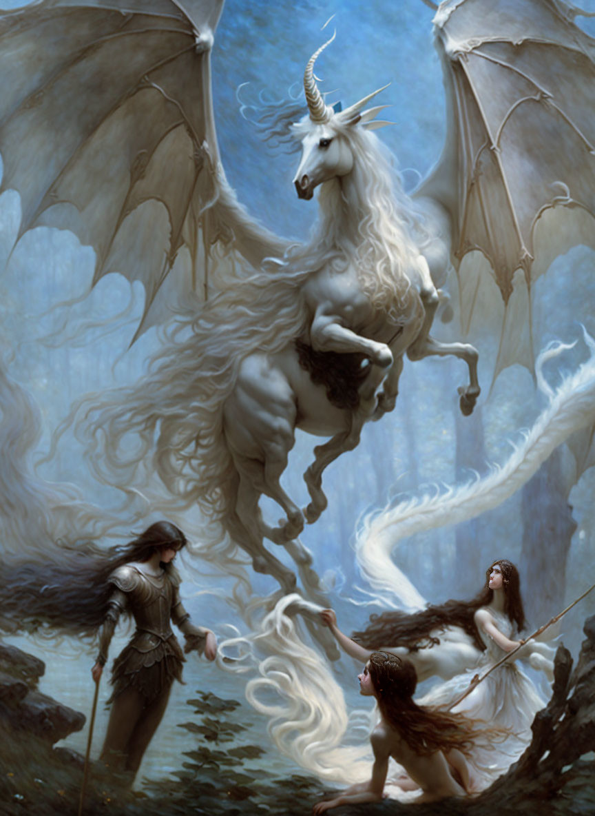 Winged unicorn soaring with warrior and maiden in awe