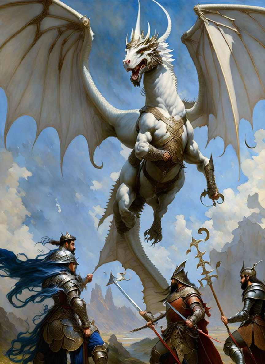 White dragon confronts knights in battle under cloudy sky
