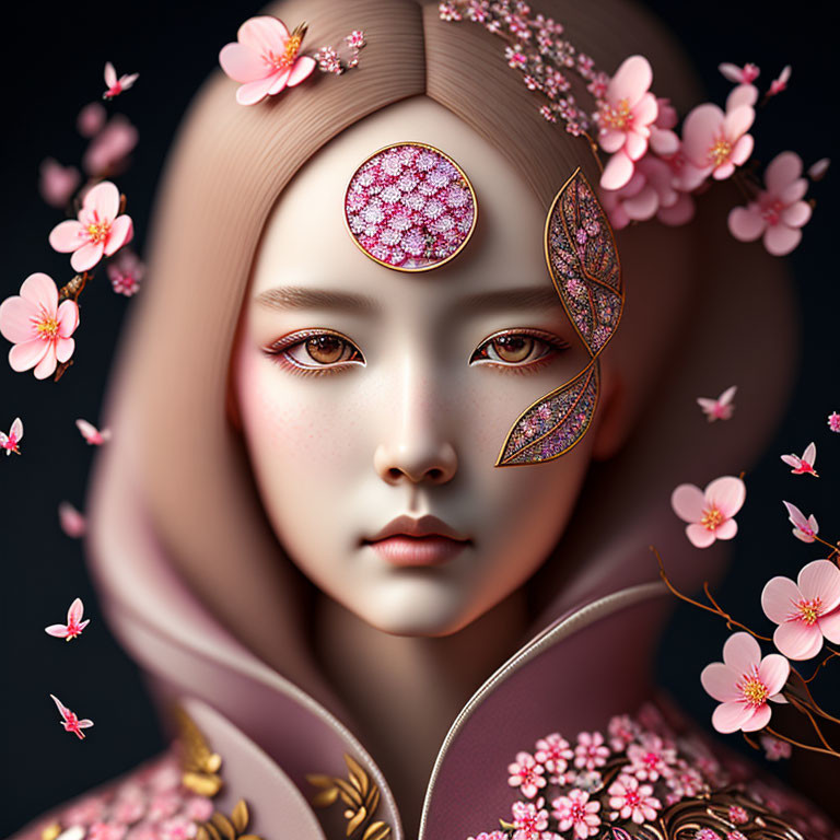 Digital illustration: Person with sakura-themed adornments, floral emblem on forehead.