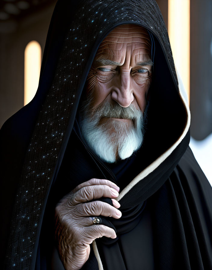 Elderly man in hooded cloak with solemn expression