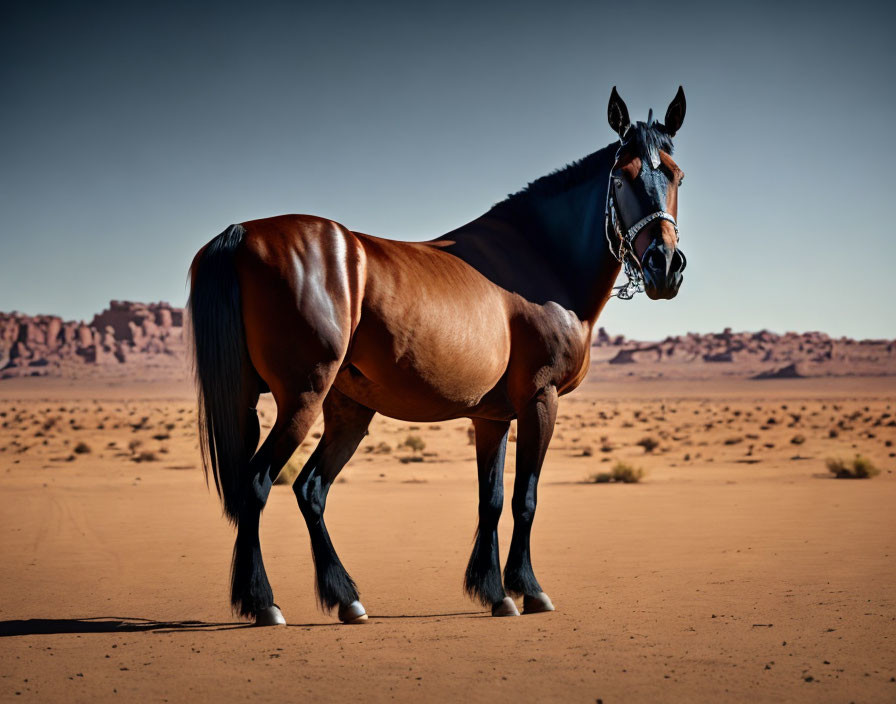 Brown horse with black mane in desert setting with bridle