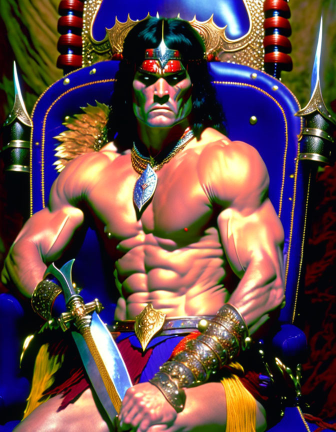 Muscular warrior in red headband on throne with sword