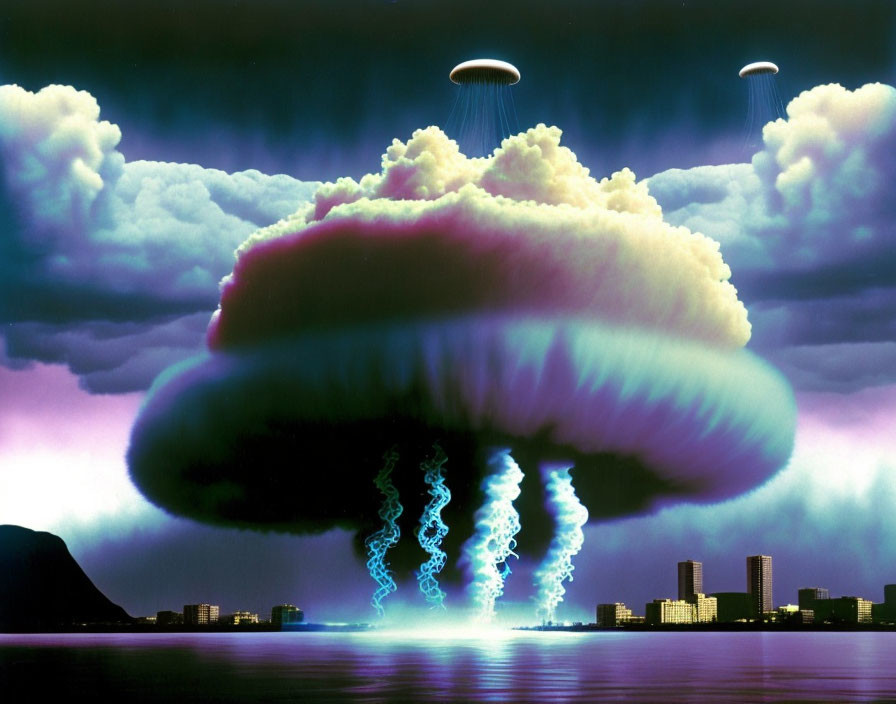 Digital artwork: Mushroom cloud over cityscape with UFOs and lightning