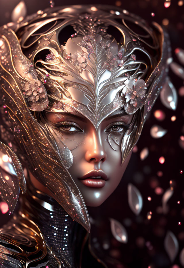 Detailed 3D illustration of woman in silver floral headgear and armor