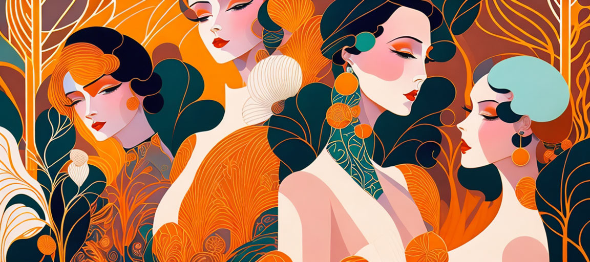Stylized women with elegant hairstyles in orange and gold foliage patterns