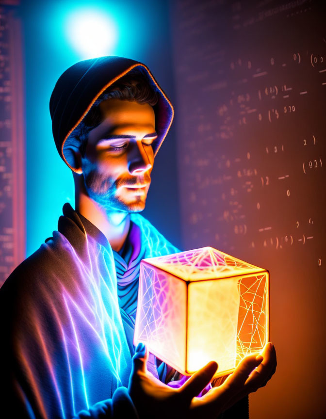 Person in beanie holds glowing cube in neon lights