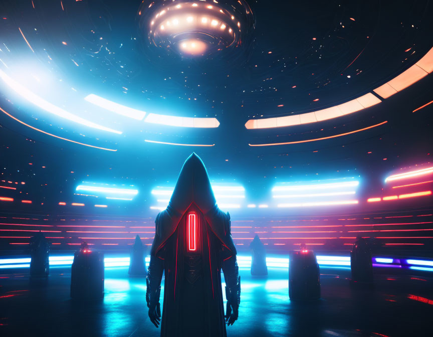Mysterious cloaked figure in futuristic room with glowing lights and monoliths