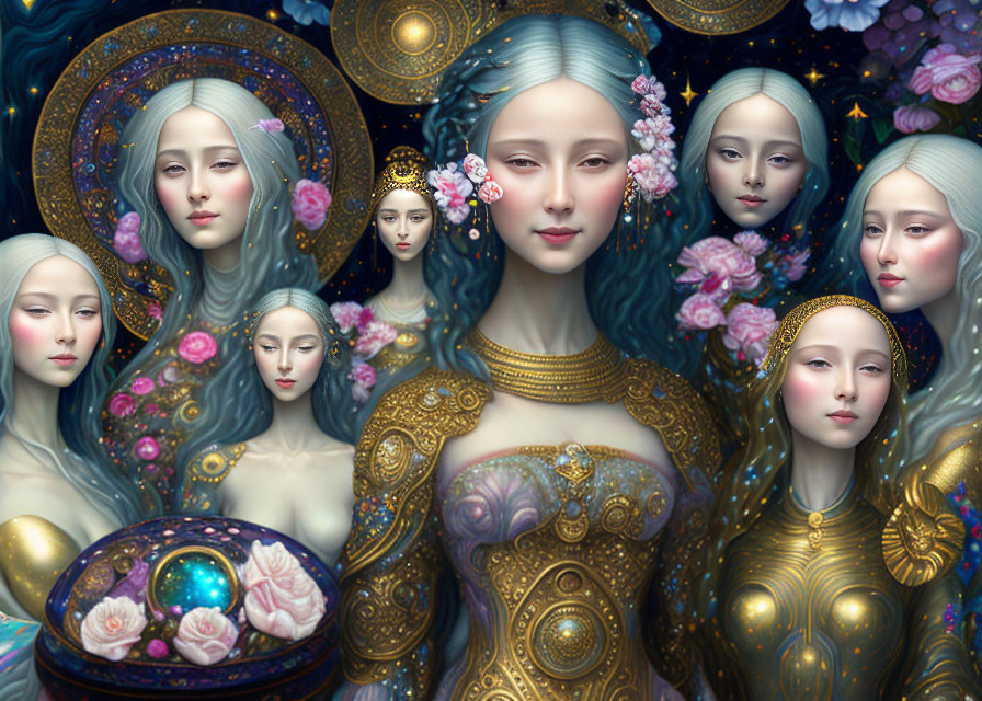 Ethereal female figures in golden armor with silver hair